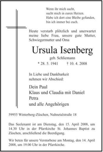 Traueranzeige von Ursula Isenberg von Tageszeitung