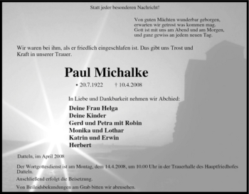 Traueranzeige von Paul Michalke von Tageszeitung