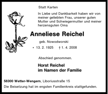 Traueranzeige von Anneliese Reichel von Tageszeitung