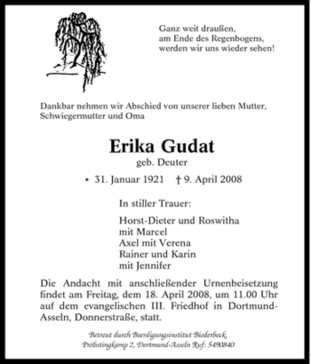 Traueranzeige von Erika Gudat von Tageszeitung