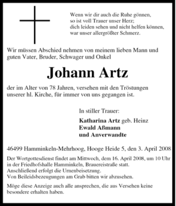 Traueranzeige von Johann Artz von Tageszeitung