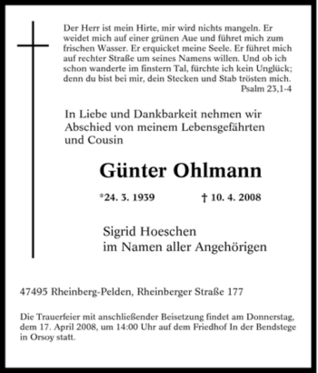 Traueranzeige von Günter Ohlmann von Tageszeitung