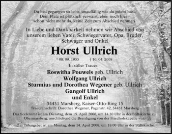 Traueranzeige von Horst Ullrich von Tageszeitung