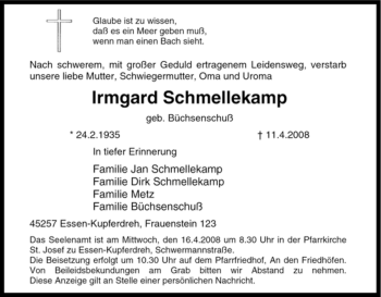 Traueranzeige von Irmgard Schmellekamp von Tageszeitung