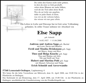 Traueranzeige von Else Sapp von Tageszeitung