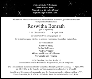 Traueranzeige von Roswitha Bonrath von Tageszeitung