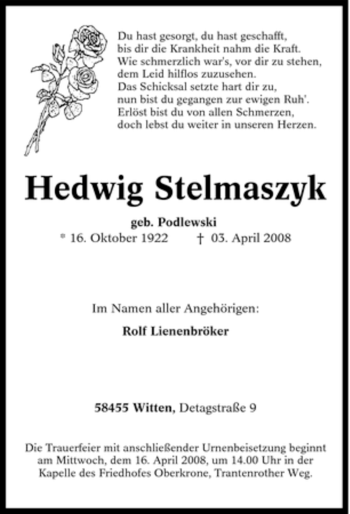 Traueranzeige von Hedwig Stelmaszyk von Tageszeitung
