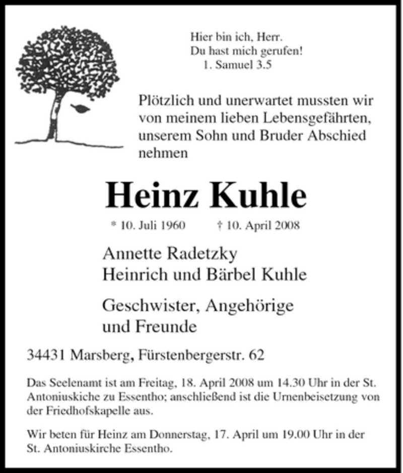  Traueranzeige für Heinz Kuhle vom 14.04.2008 aus Tageszeitung