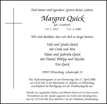 Traueranzeige von Margret Quick von Tageszeitung