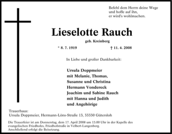 Traueranzeige von Lieselotte Rauch von Tageszeitung