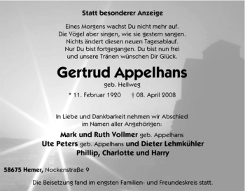 Traueranzeige von Gertrud Appelhans von Tageszeitung