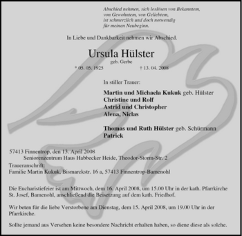 Traueranzeige von Ursula Hülster von Tageszeitung