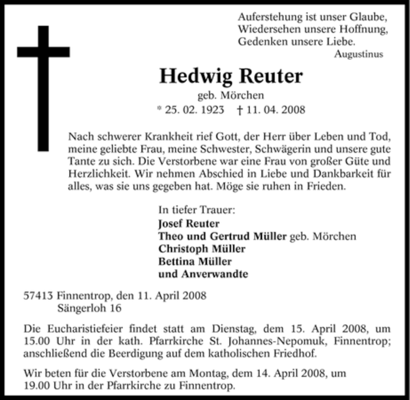  Traueranzeige für Hedwig Reuter vom 14.04.2008 aus Tageszeitung
