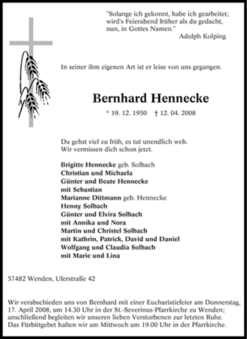 Traueranzeige von Bernhard Hennecke von Tageszeitung