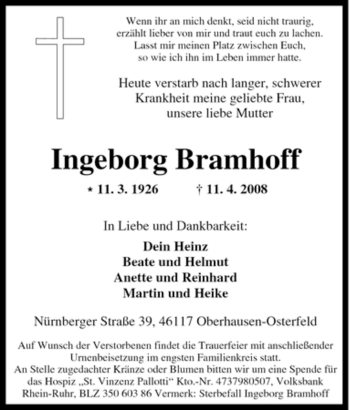 Traueranzeige von Ingeborg Bramhoff von Tageszeitung