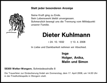 Traueranzeige von Dieter Kuhlmann von Tageszeitung