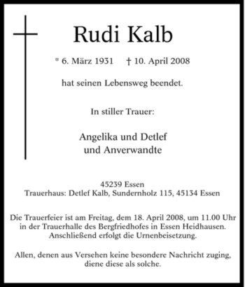 Traueranzeige von Rudi Kalb von Tageszeitung