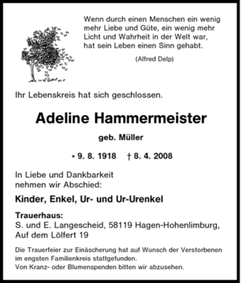 Traueranzeige von Adeline Hammermeister von Tageszeitung