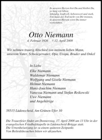 Traueranzeige von Otto Niemann von Tageszeitung