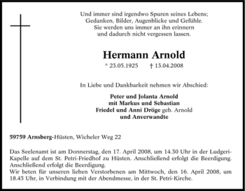 Traueranzeige von Hermann Arnold von Tageszeitung