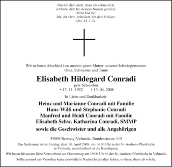 Traueranzeige von Elisabeth Hildegard Conradi von Tageszeitung