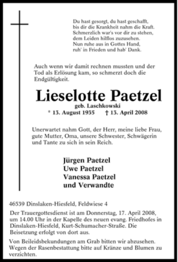 Traueranzeige von Lieselotte Paetzel von Tageszeitung