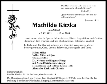 Traueranzeige von Mathilde Kitzka von Tageszeitung