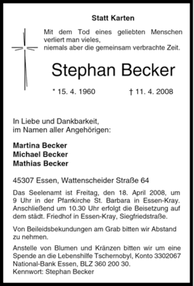  Traueranzeige für Stephan Becker vom 15.04.2008 aus Tageszeitung