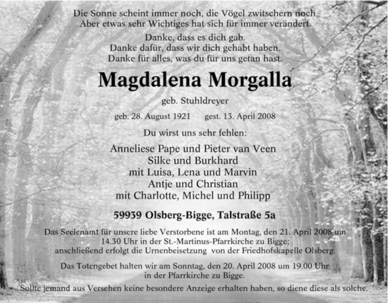  Traueranzeige für Magdalena Morgalla vom 15.04.2008 aus Tageszeitung