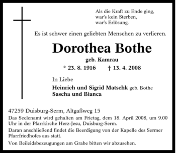 Traueranzeige von Dorothea Bothe von Tageszeitung
