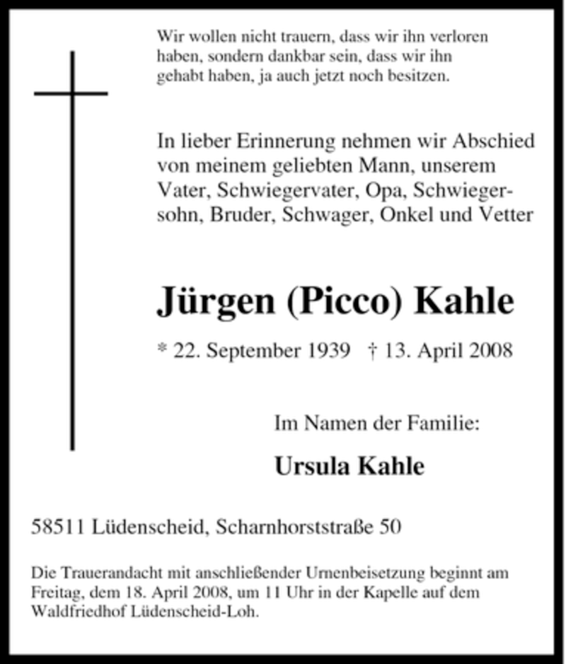  Traueranzeige für Jürgen Kahle vom 15.04.2008 aus Tageszeitung