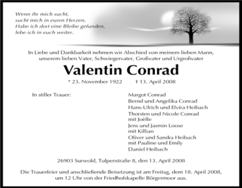 Traueranzeige von Valentin Conrad von Tageszeitung