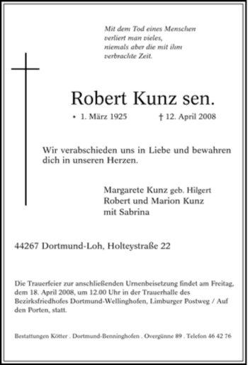 Traueranzeige von Robert Kunz von Tageszeitung