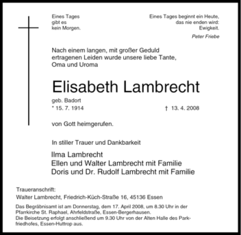 Traueranzeige von Elisabeth Lambrecht von Tageszeitung