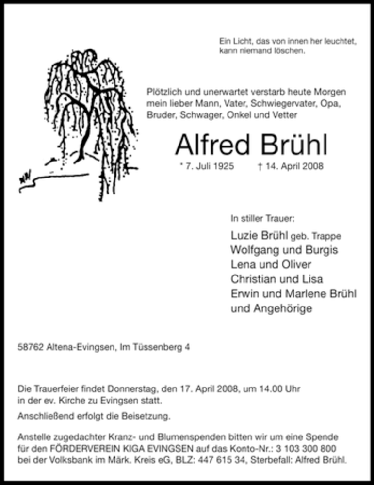  Traueranzeige für Alfred Brühl vom 15.04.2008 aus Tageszeitung