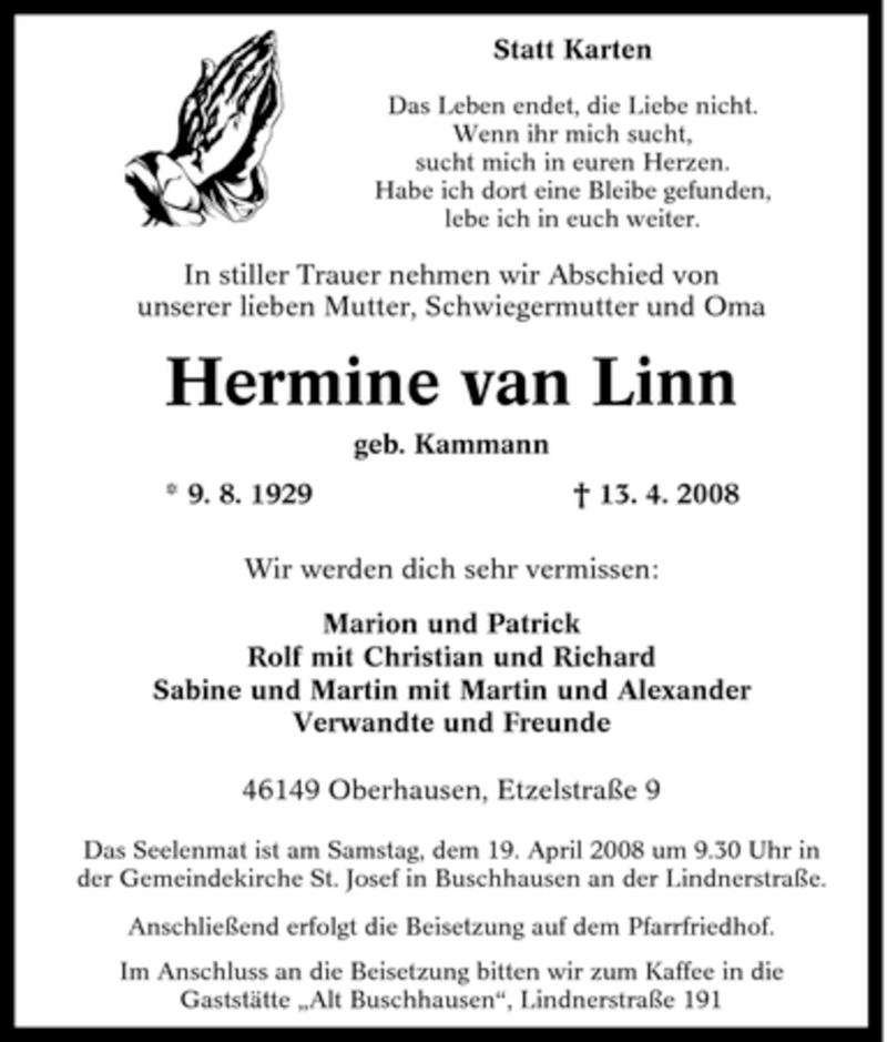  Traueranzeige für Hermine van Linn vom 16.04.2008 aus Tageszeitung