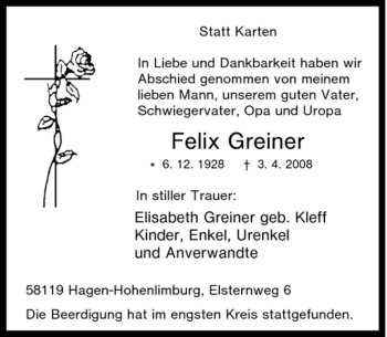 Traueranzeige von Felix Greiner von Tageszeitung