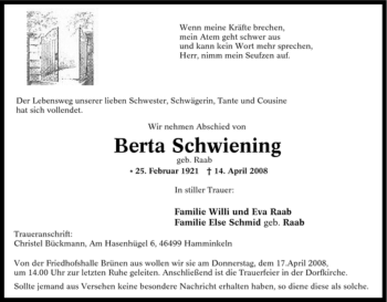 Traueranzeige von Berta Schwiening von Tageszeitung