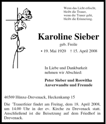 Traueranzeige von Karoline Sieber von Tageszeitung