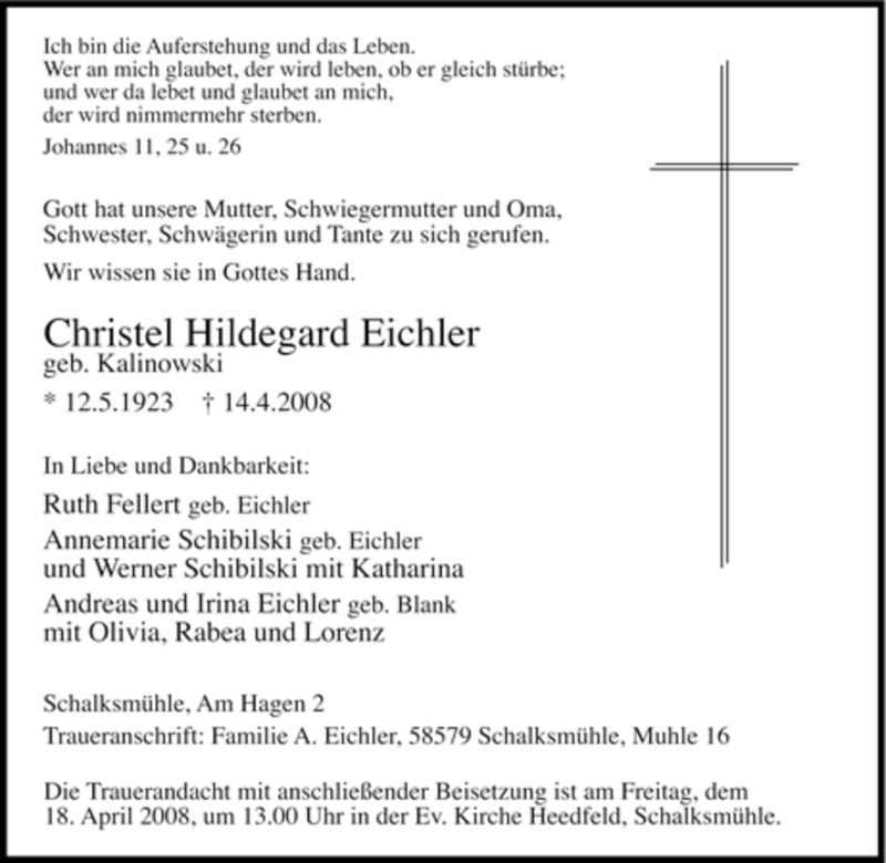  Traueranzeige für Christel Hildegard Eichler vom 16.04.2008 aus Tageszeitung