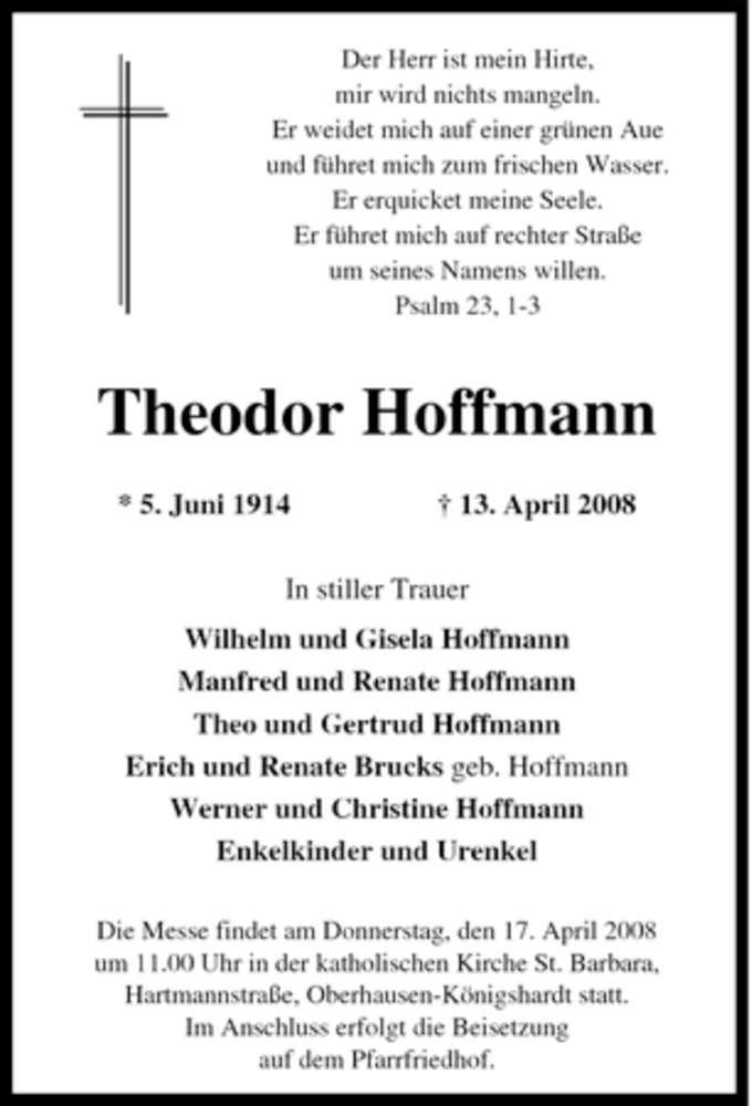 Traueranzeigen von Theodor Hoffmann TrauerinNRW.de