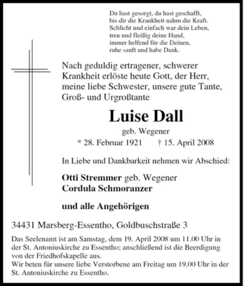  Traueranzeige für Luise Dall vom 16.04.2008 aus Tageszeitung