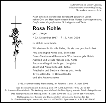 Traueranzeige von Rosa Kohle von Tageszeitung