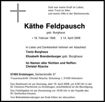 Traueranzeige von Käthe Feldpausch von Tageszeitung