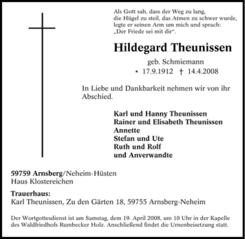 Traueranzeige von Hildegard Theunissen von Tageszeitung