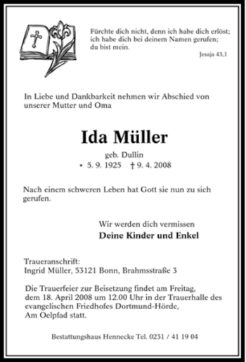 Traueranzeige von Ida Müller von Tageszeitung