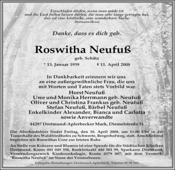 Traueranzeige von Roswitha Neufuß von Tageszeitung