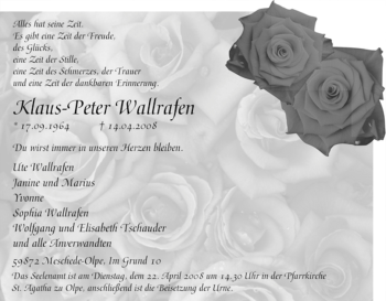 Traueranzeige von Klaus-Peter Wallrafen von Tageszeitung