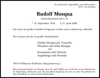 Traueranzeige von Rudolf Mosqua von Tageszeitung