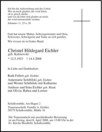 Traueranzeige von Christel Hildegard Eichler von Tageszeitung